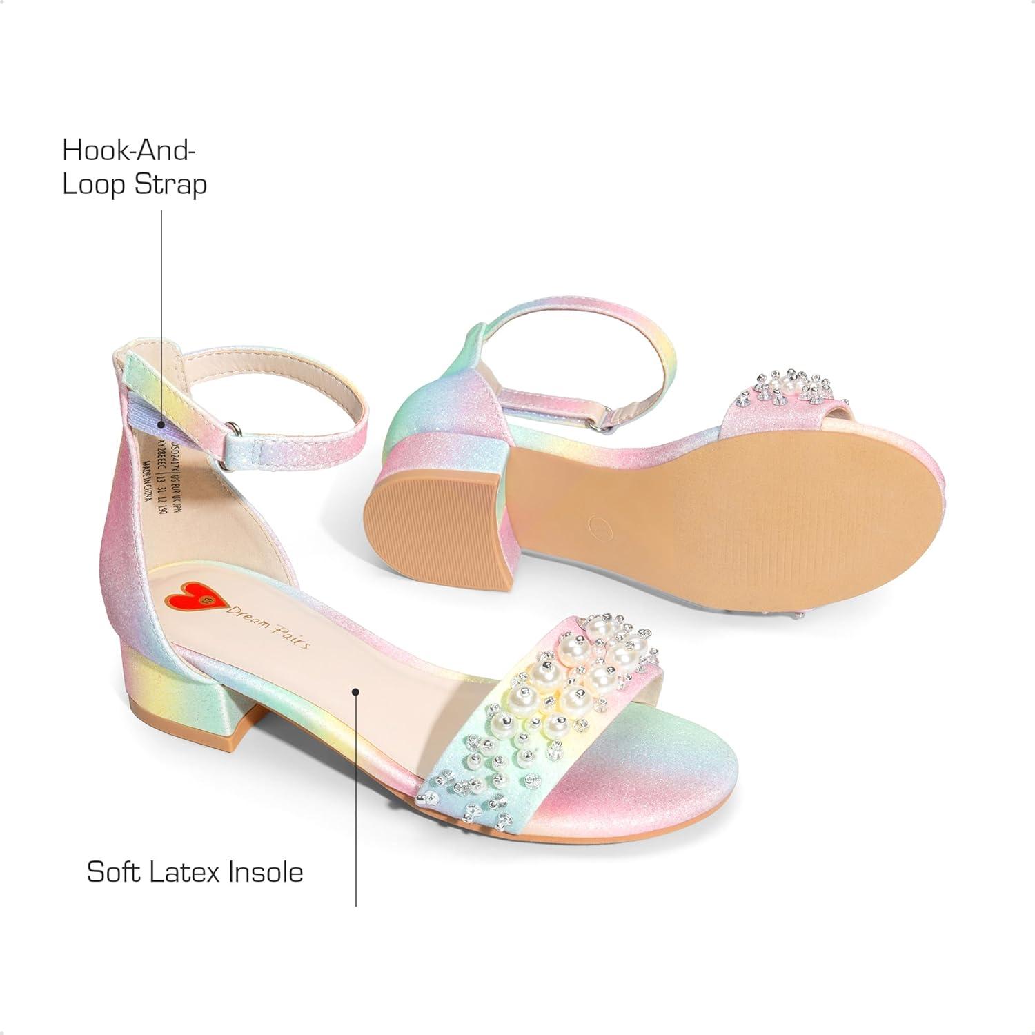 imageDREAM PAIRS Girls Sandals Low Heel Pump Ankle Strap Pearl Dress Flower Wedding Party Shoes for Little KidBig KidRainbowGlitter
