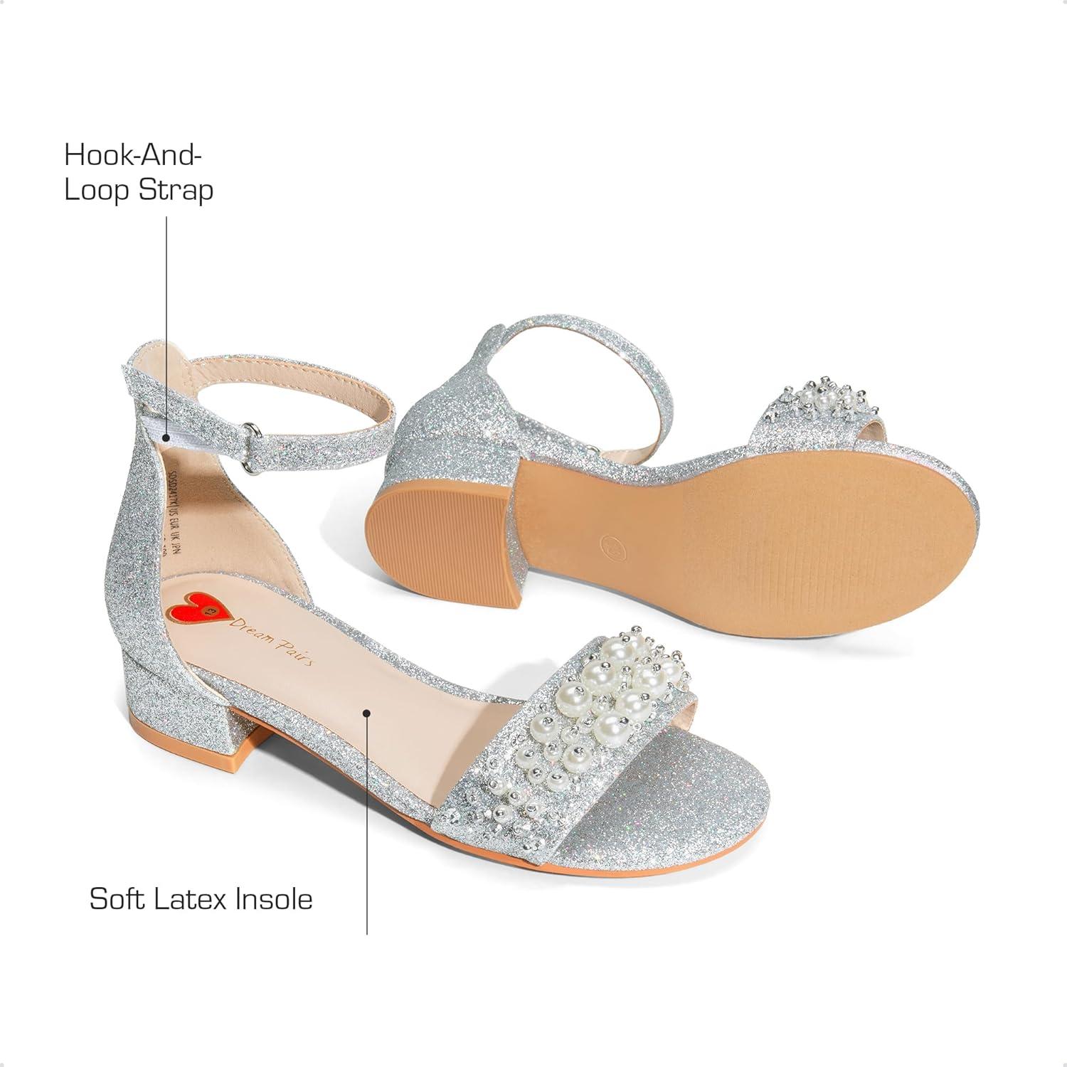 imageDREAM PAIRS Girls Sandals Low Heel Pump Ankle Strap Pearl Dress Flower Wedding Party Shoes for Little KidBig KidSilverglitter