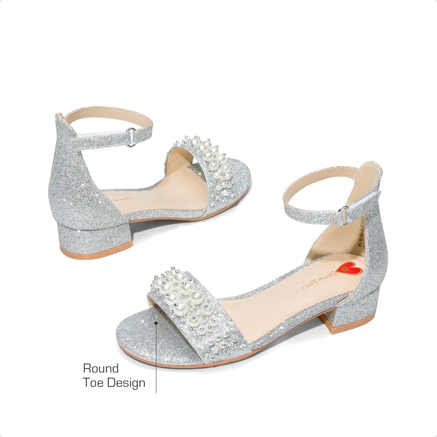 imageDREAM PAIRS Girls Sandals Low Heel Pump Ankle Strap Pearl Dress Flower Wedding Party Shoes for Little KidBig KidSilverglitter