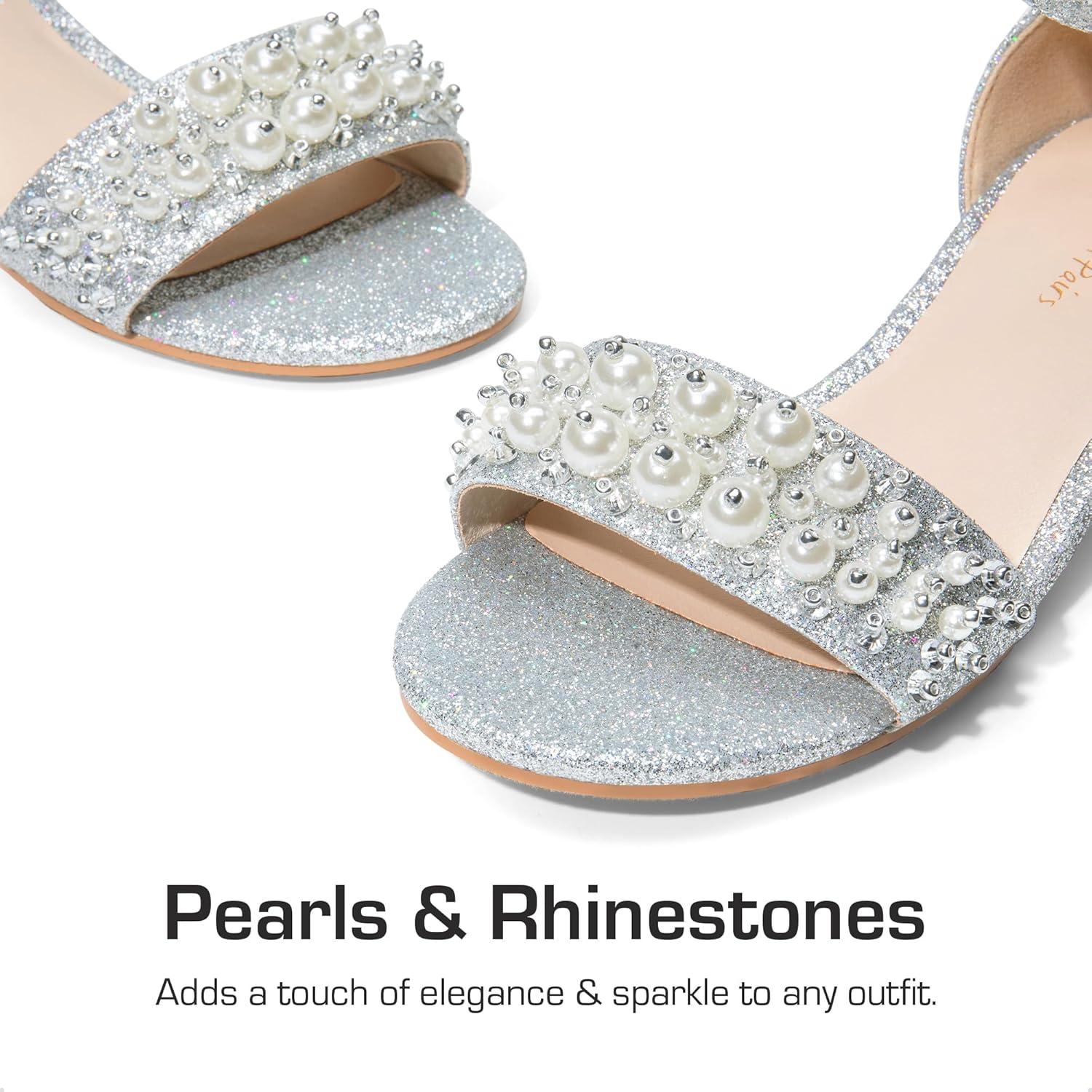 imageDREAM PAIRS Girls Sandals Low Heel Pump Ankle Strap Pearl Dress Flower Wedding Party Shoes for Little KidBig KidSilverglitter
