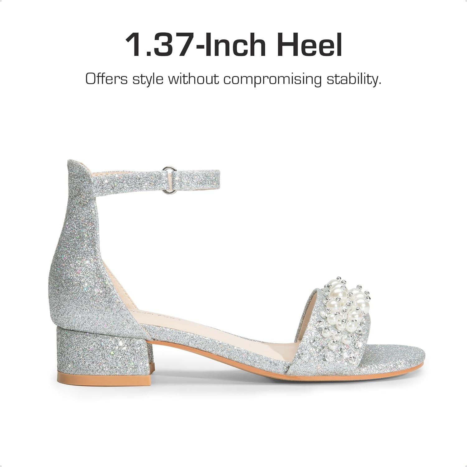imageDREAM PAIRS Girls Sandals Low Heel Pump Ankle Strap Pearl Dress Flower Wedding Party Shoes for Little KidBig KidSilverglitter