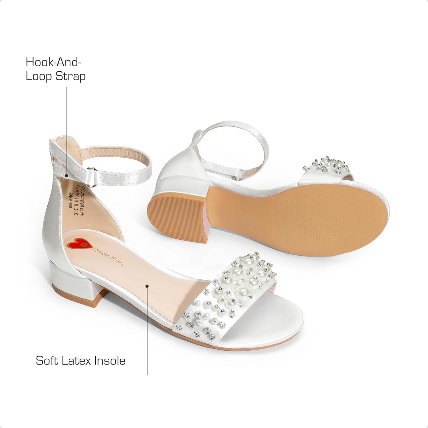 imageDREAM PAIRS Girls Sandals Low Heel Pump Ankle Strap Pearl Dress Flower Wedding Party Shoes for Little KidBig KidWhite