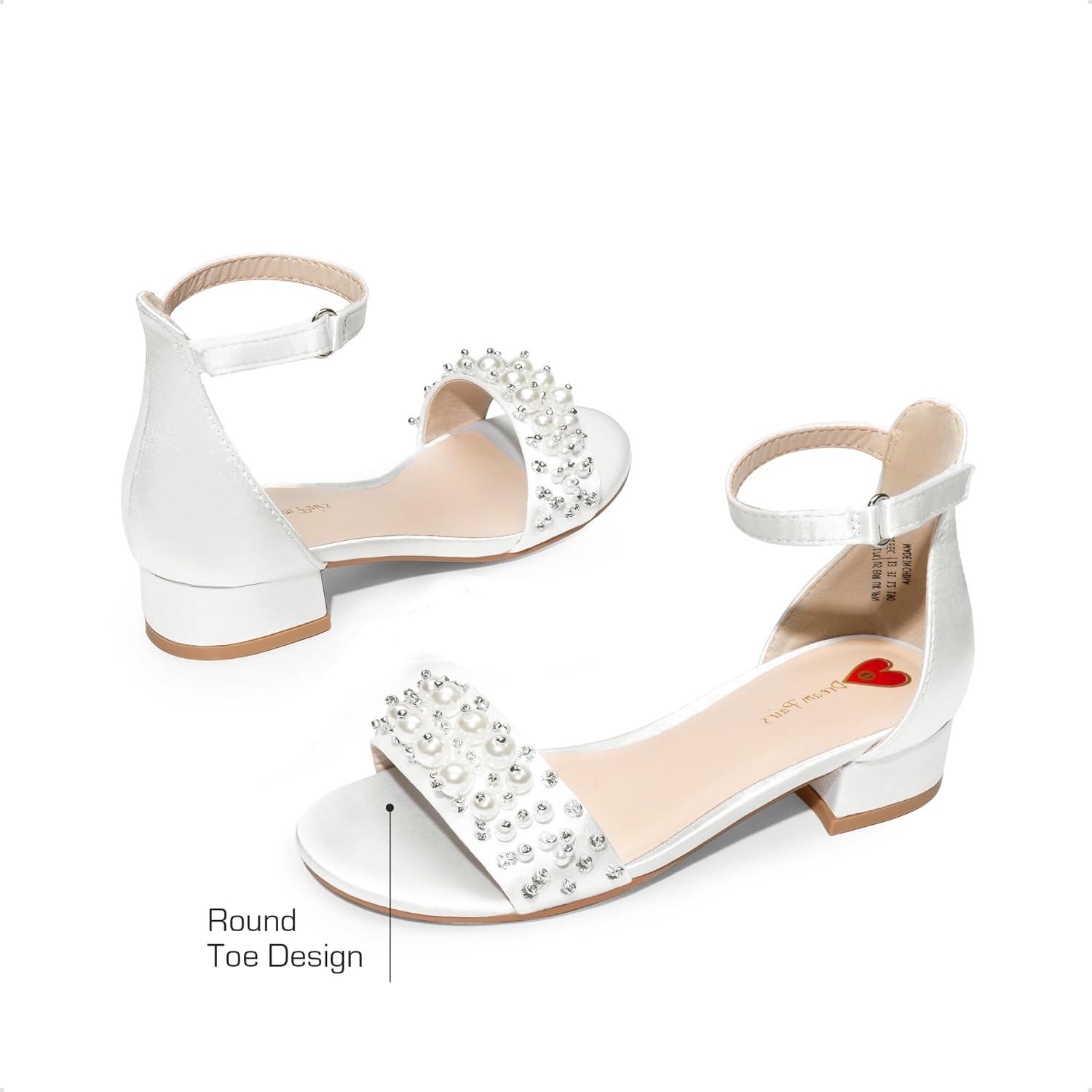 imageDREAM PAIRS Girls Sandals Low Heel Pump Ankle Strap Pearl Dress Flower Wedding Party Shoes for Little KidBig KidWhite