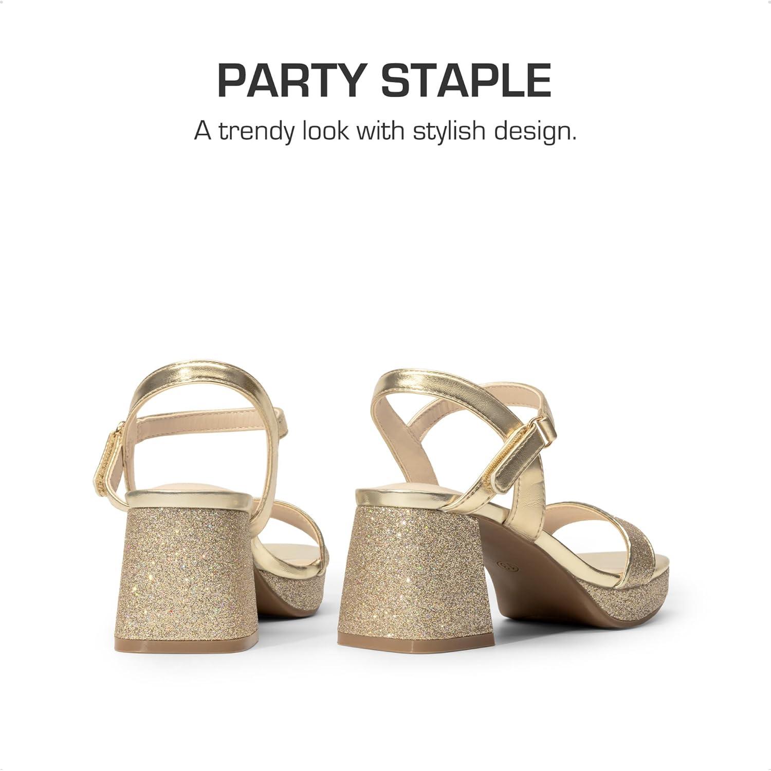 imageDREAM PAIRS Girls Sandals Open Toe Low Block Chunky Heels Sandals Party Dress Pumps Shoes for Little Big KidGoldglitter