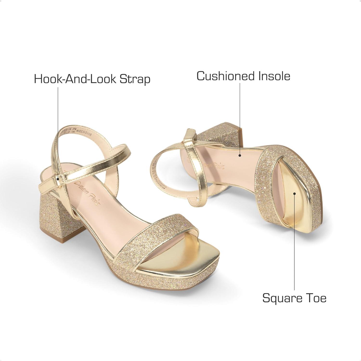 imageDREAM PAIRS Girls Sandals Open Toe Low Block Chunky Heels Sandals Party Dress Pumps Shoes for Little Big KidGoldglitter