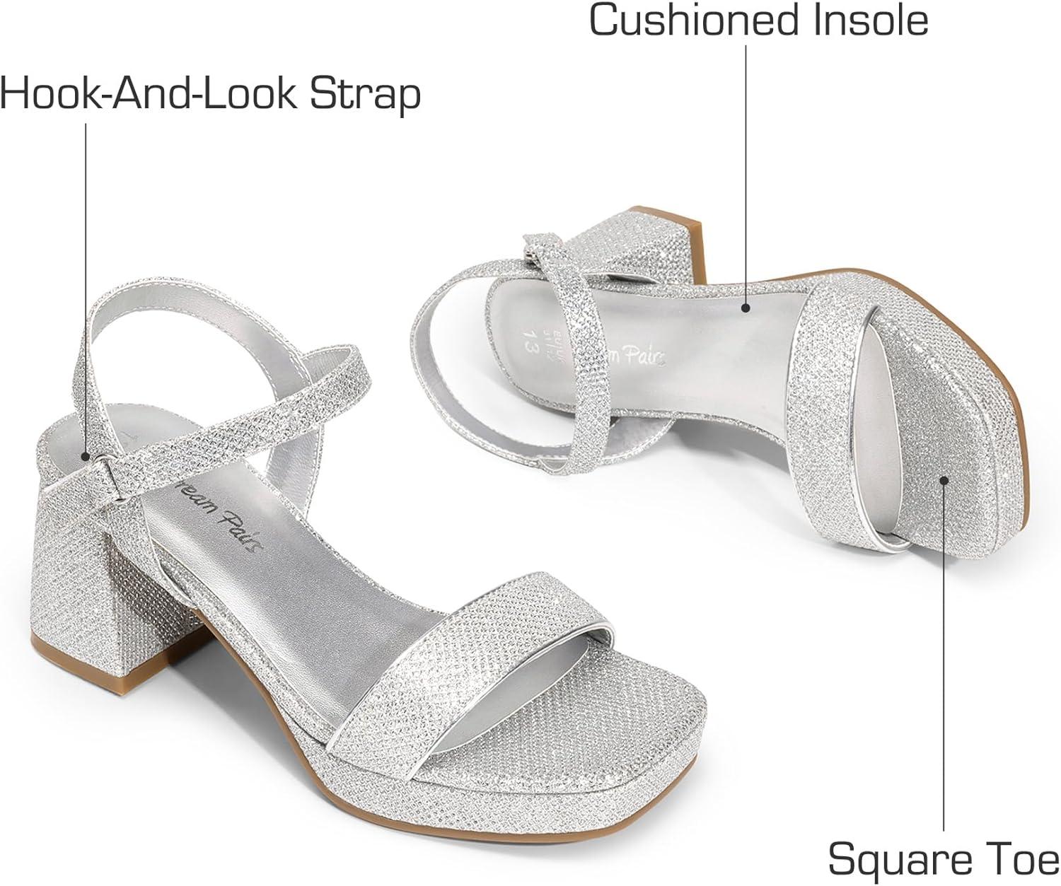 imageDREAM PAIRS Girls Sandals Open Toe Low Block Chunky Heels Sandals Party Dress Pumps Shoes for Little Big KidSilverglitter