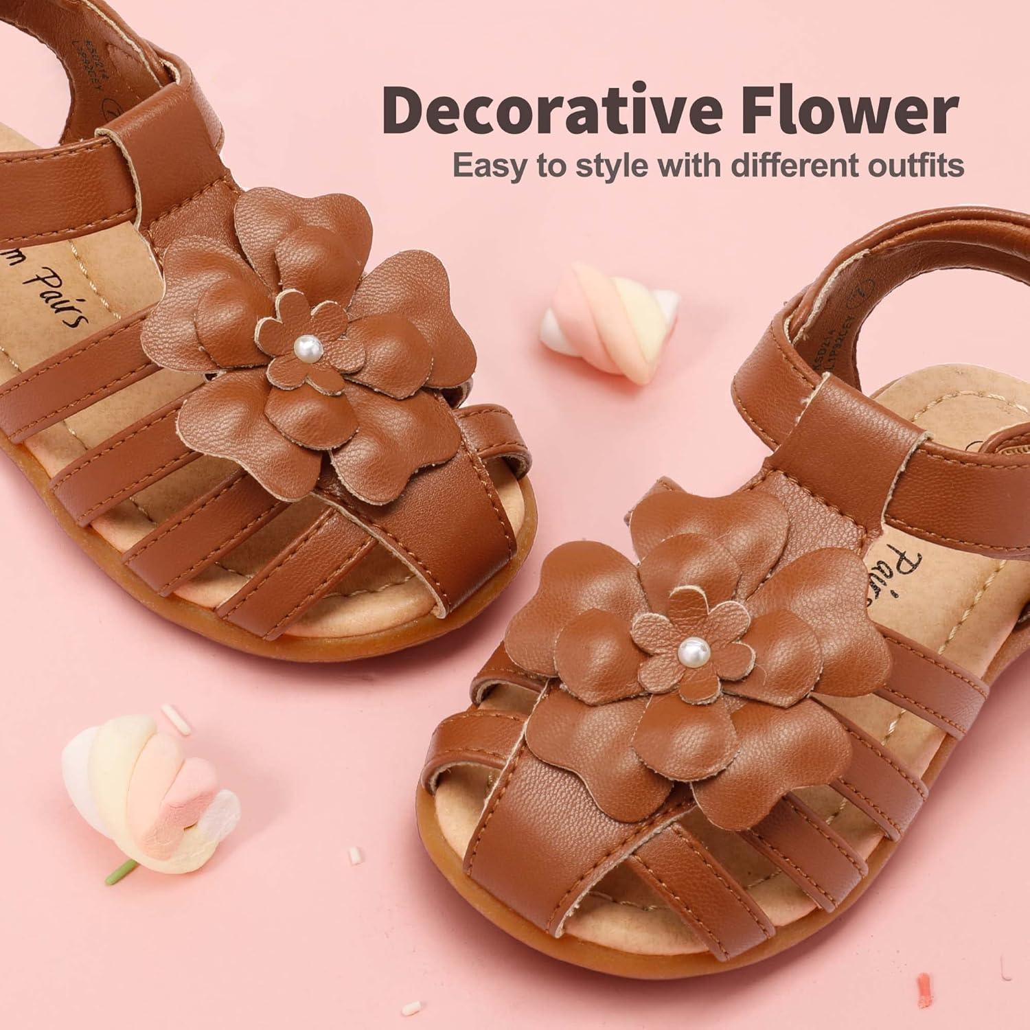 imageDREAM PAIRS Girls ToddlerLittle Kid ClosedToe Flower Summer Dress Sandals ShoesBrown