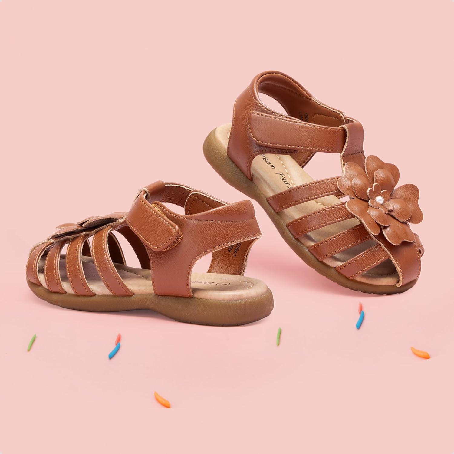 imageDREAM PAIRS Girls ToddlerLittle Kid ClosedToe Flower Summer Dress Sandals ShoesBrown