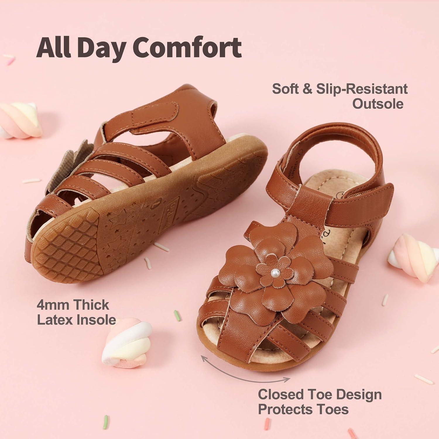 imageDREAM PAIRS Girls ToddlerLittle Kid ClosedToe Flower Summer Dress Sandals ShoesBrown