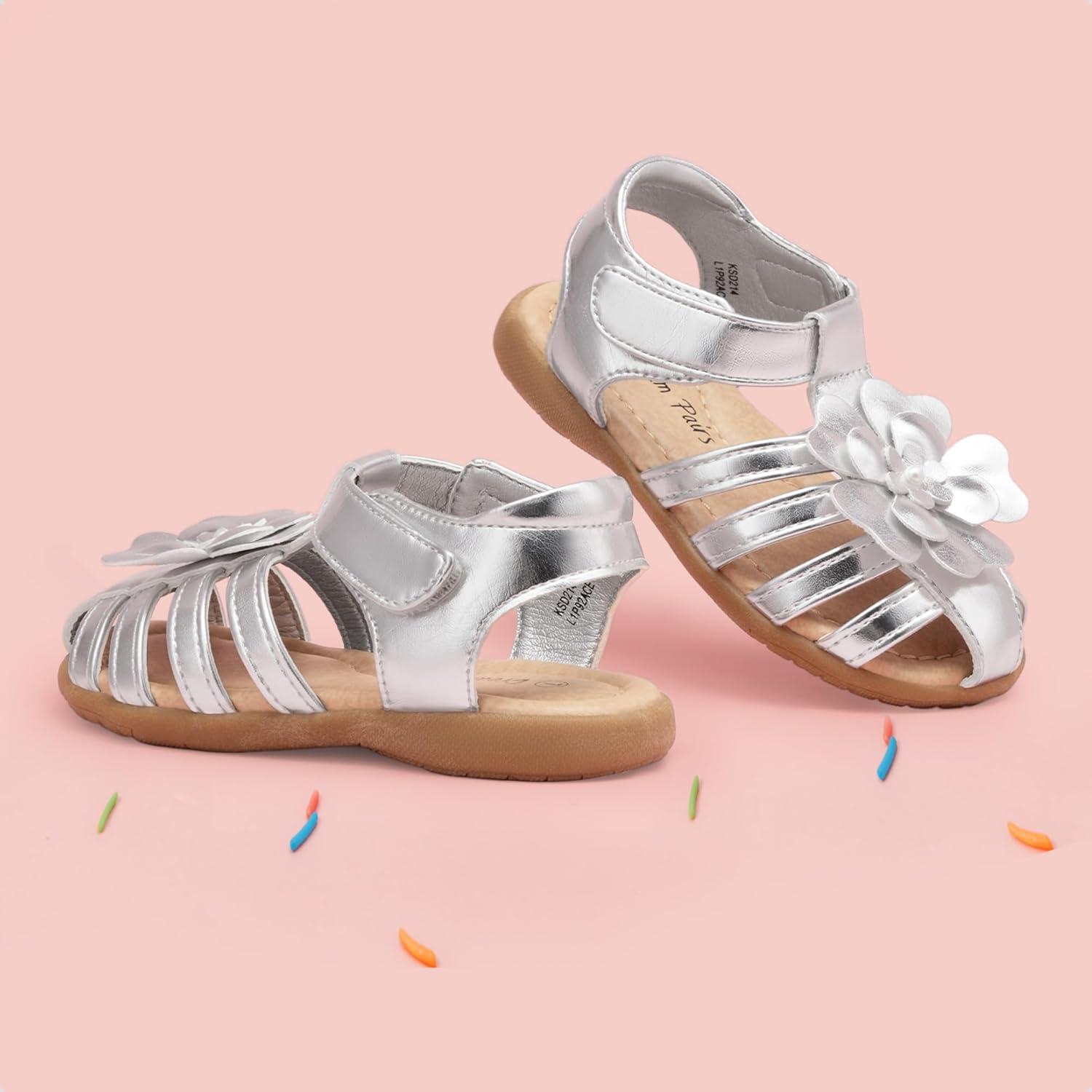 imageDREAM PAIRS Girls ToddlerLittle Kid ClosedToe Flower Summer Dress Sandals ShoesSilver