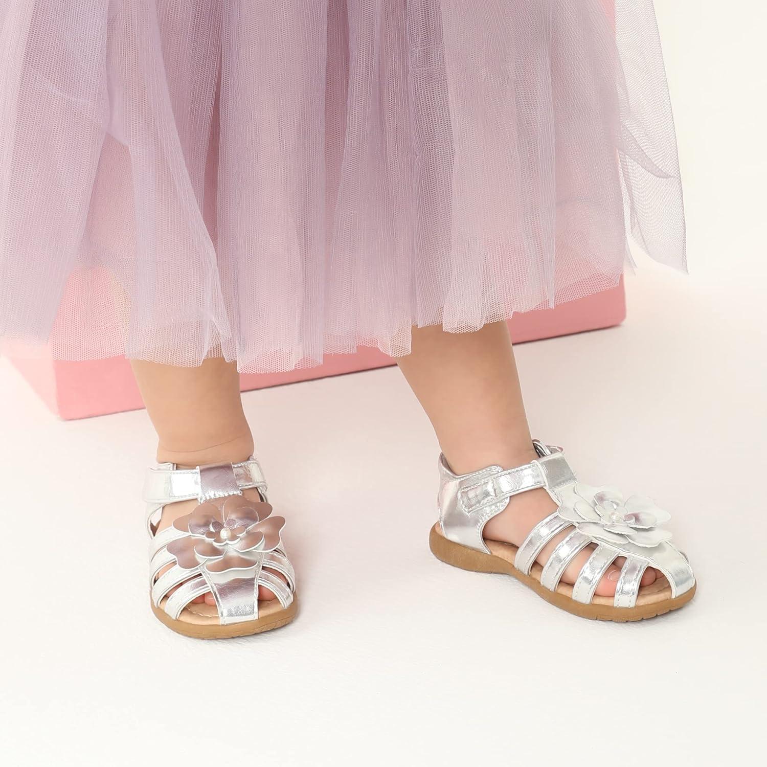 imageDREAM PAIRS Girls ToddlerLittle Kid ClosedToe Flower Summer Dress Sandals ShoesSilver