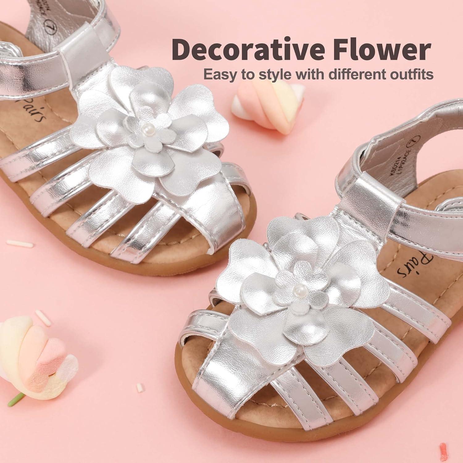 imageDREAM PAIRS Girls ToddlerLittle Kid ClosedToe Flower Summer Dress Sandals ShoesSilver