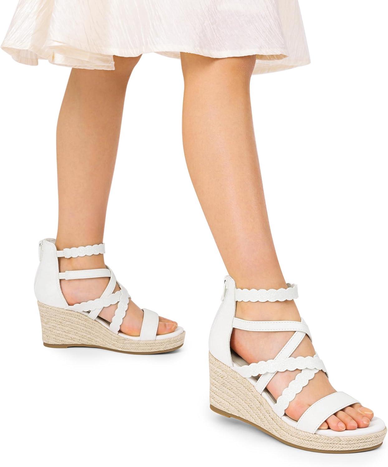 imageDREAM PAIRS Girls Wedge Sandals Flatform Open Toe Platform Sandals Flower Wedding Party for Little KidBig KidAll White