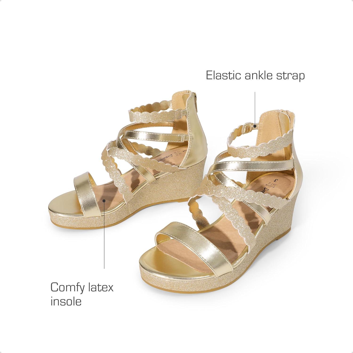 imageDREAM PAIRS Girls Wedge Sandals Flatform Open Toe Platform Sandals Flower Wedding Party for Little KidBig KidGoldglitter