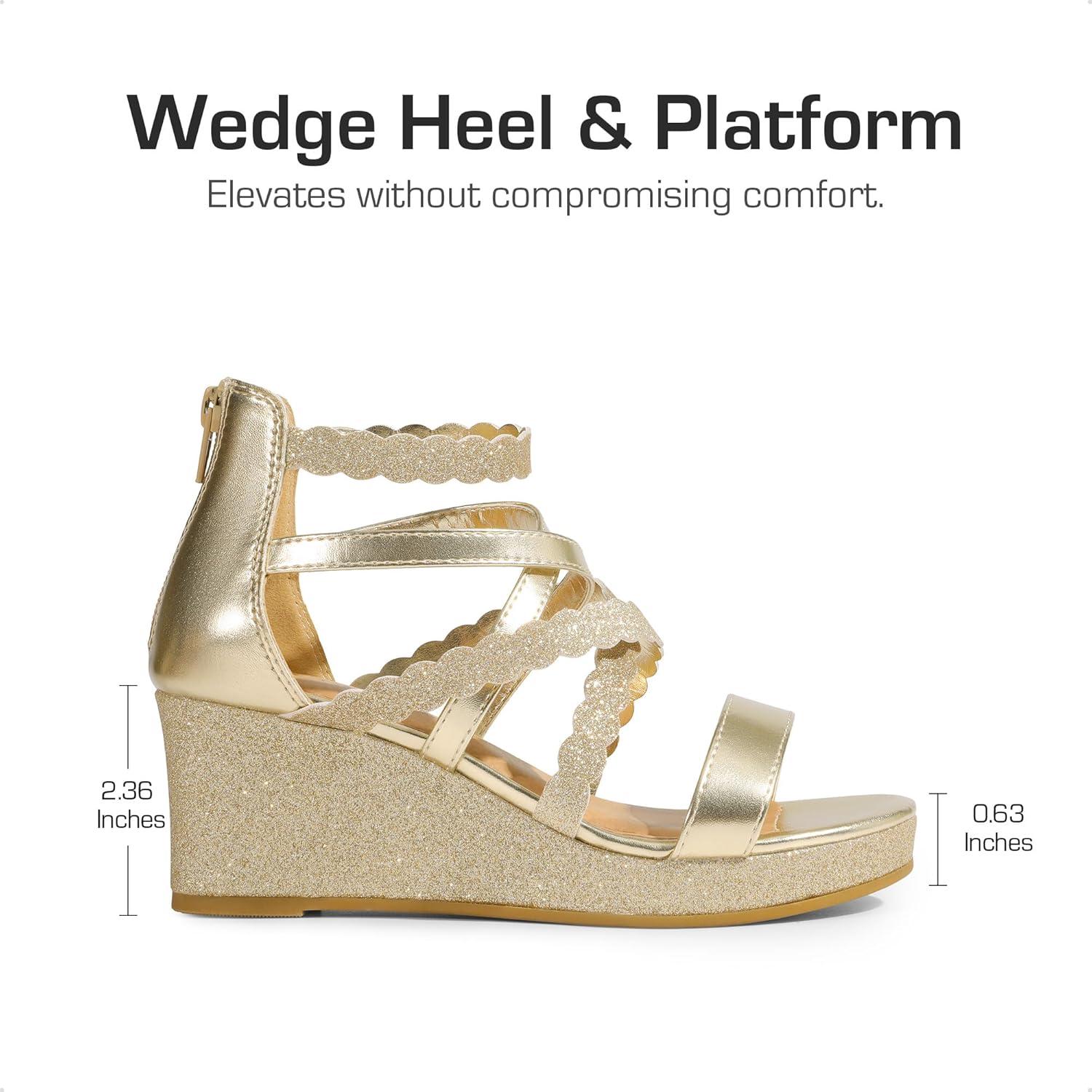 imageDREAM PAIRS Girls Wedge Sandals Flatform Open Toe Platform Sandals Flower Wedding Party for Little KidBig KidGoldglitter