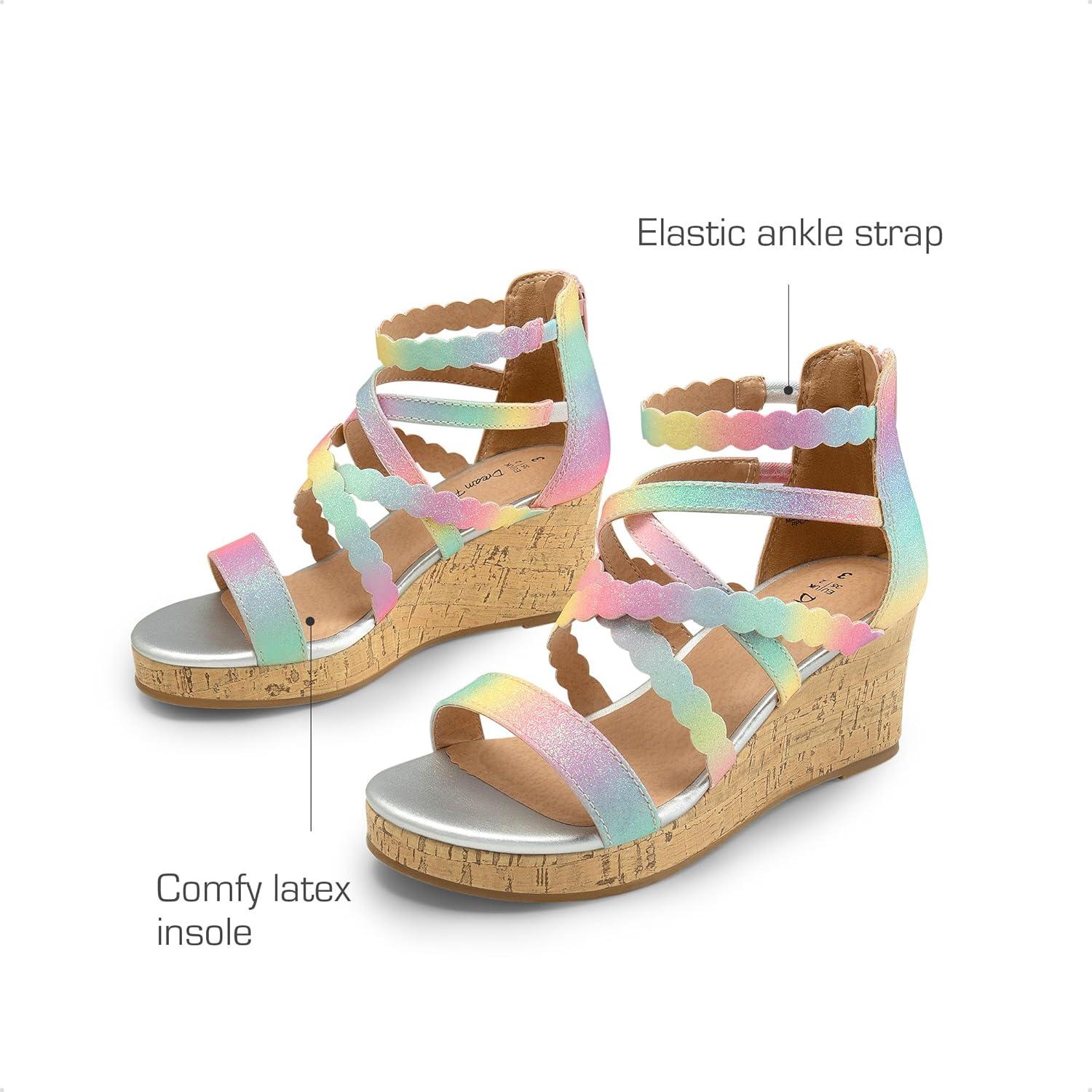 imageDREAM PAIRS Girls Wedge Sandals Flatform Open Toe Platform Sandals Flower Wedding Party for Little KidBig KidRainbow