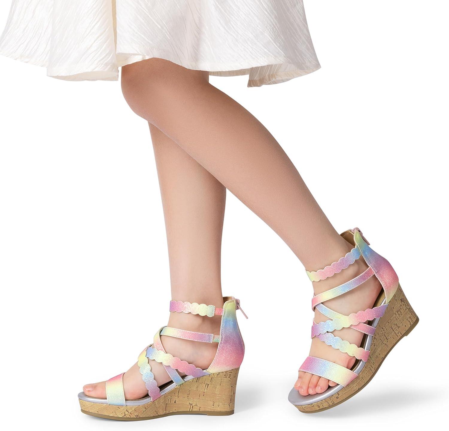 imageDREAM PAIRS Girls Wedge Sandals Flatform Open Toe Platform Sandals Flower Wedding Party for Little KidBig KidRainbow