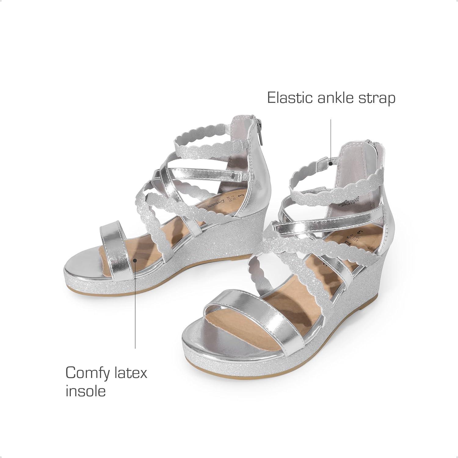imageDREAM PAIRS Girls Wedge Sandals Flatform Open Toe Platform Sandals Flower Wedding Party for Little KidBig KidSilverglitter