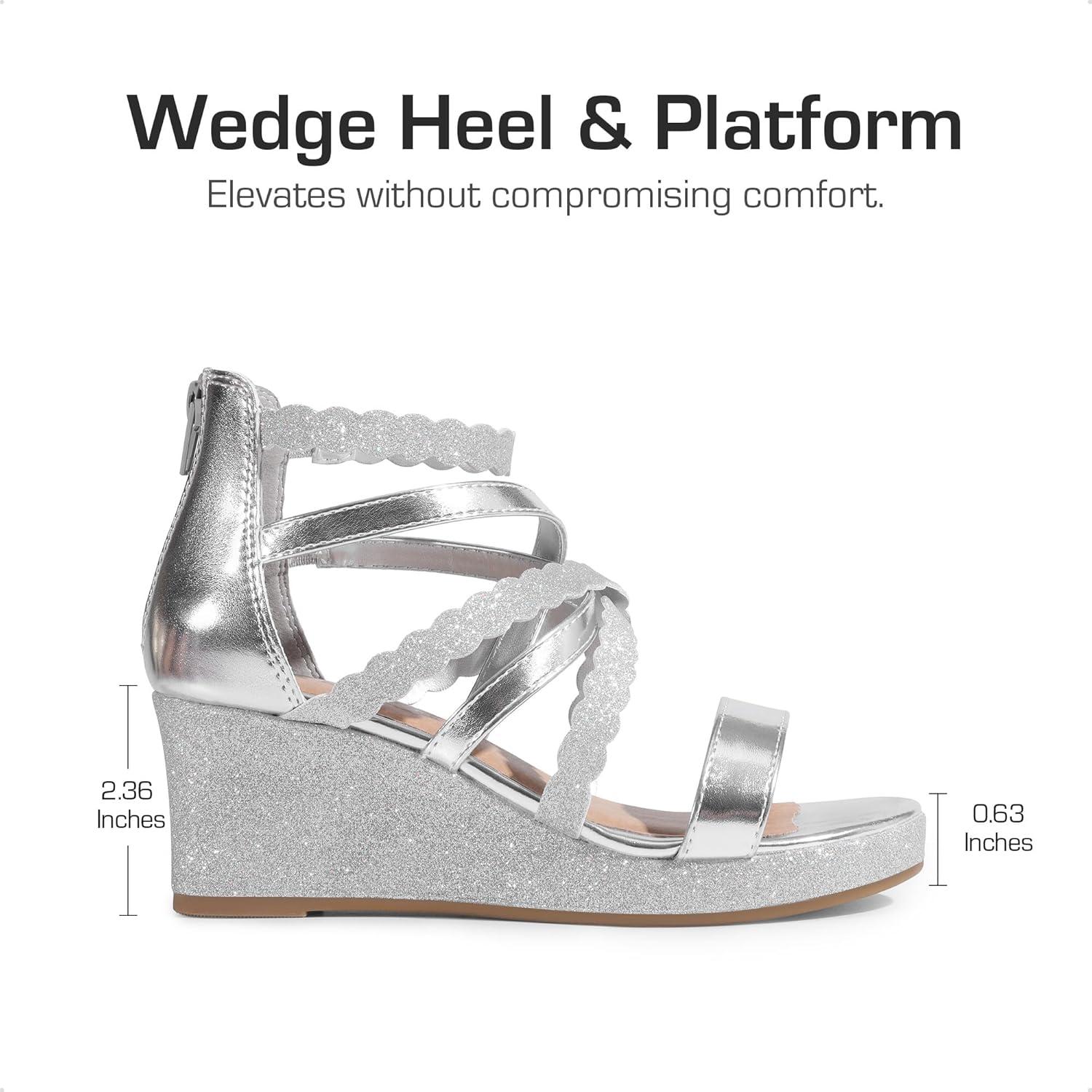 imageDREAM PAIRS Girls Wedge Sandals Flatform Open Toe Platform Sandals Flower Wedding Party for Little KidBig KidSilverglitter