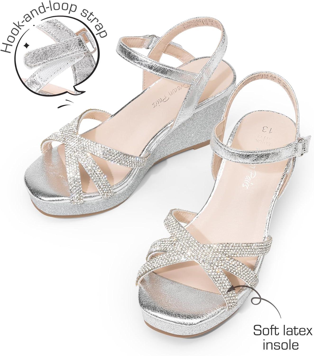 imageDREAM PAIRS Girls Wedge Sandals Flatform Open Toe Summer Platform Sandals Flower Wedding Party for Little KidBig KidSilver