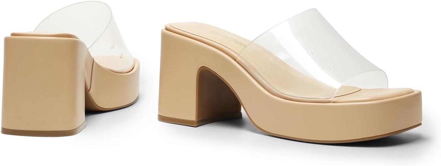 imageDREAM PAIRS High Chunky Platform Heels for Women Fashion Comfort Slip on Square Open Toe Block Heel SandalsNudeclear