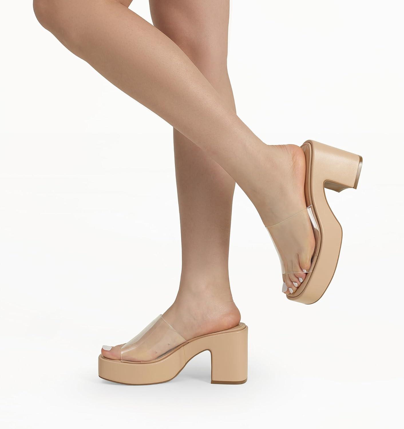 imageDREAM PAIRS High Chunky Platform Heels for Women Fashion Comfort Slip on Square Open Toe Block Heel SandalsNudeclear