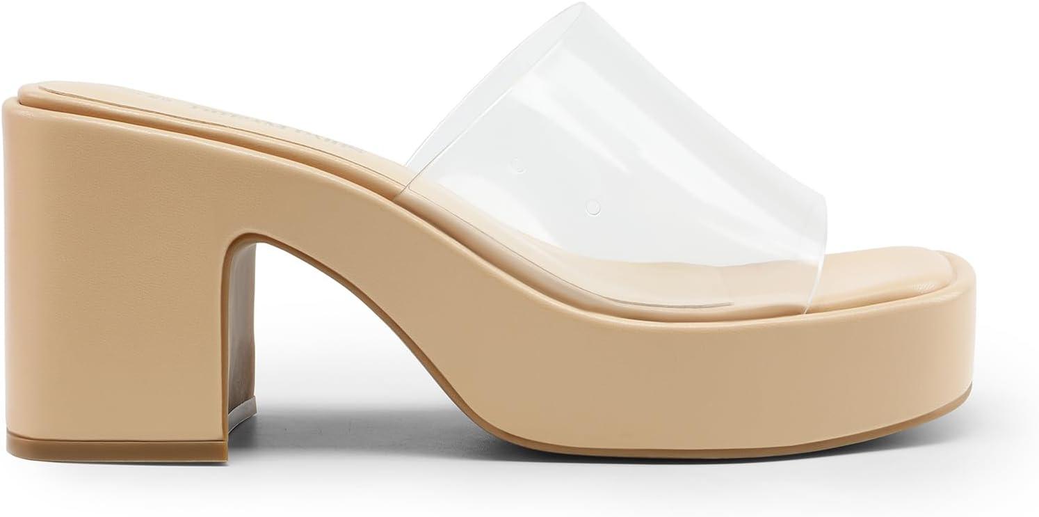 imageDREAM PAIRS High Chunky Platform Heels for Women Fashion Comfort Slip on Square Open Toe Block Heel SandalsNudeclear