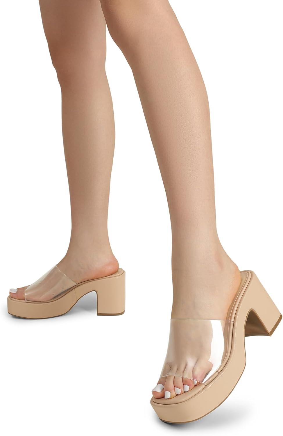 imageDREAM PAIRS High Chunky Platform Heels for Women Fashion Comfort Slip on Square Open Toe Block Heel SandalsNudeclear