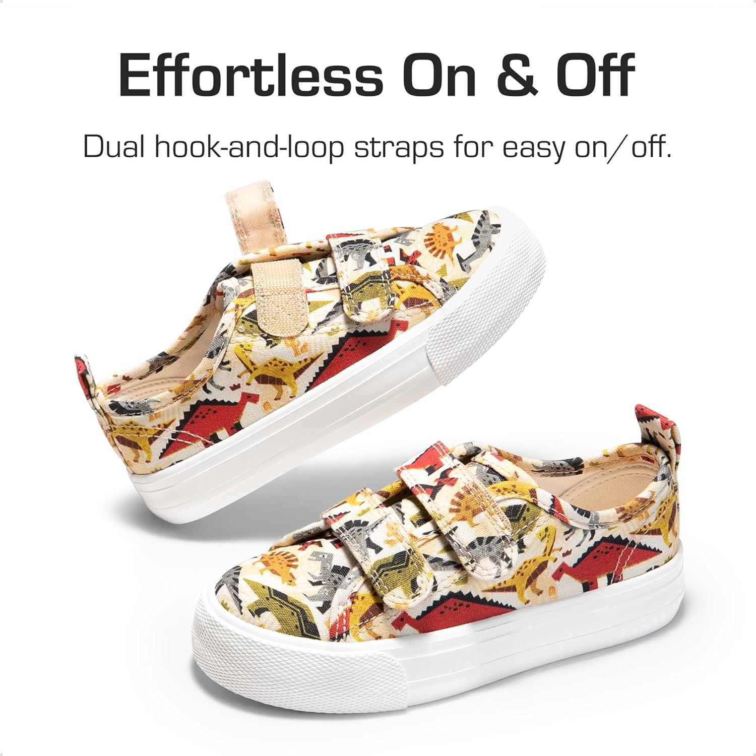 imageDREAM PAIRS Kid Toddler Sneakers Boys Girls Canvas with Cartoon Dual Hook and Loops for School WalkingBrownDinosaur