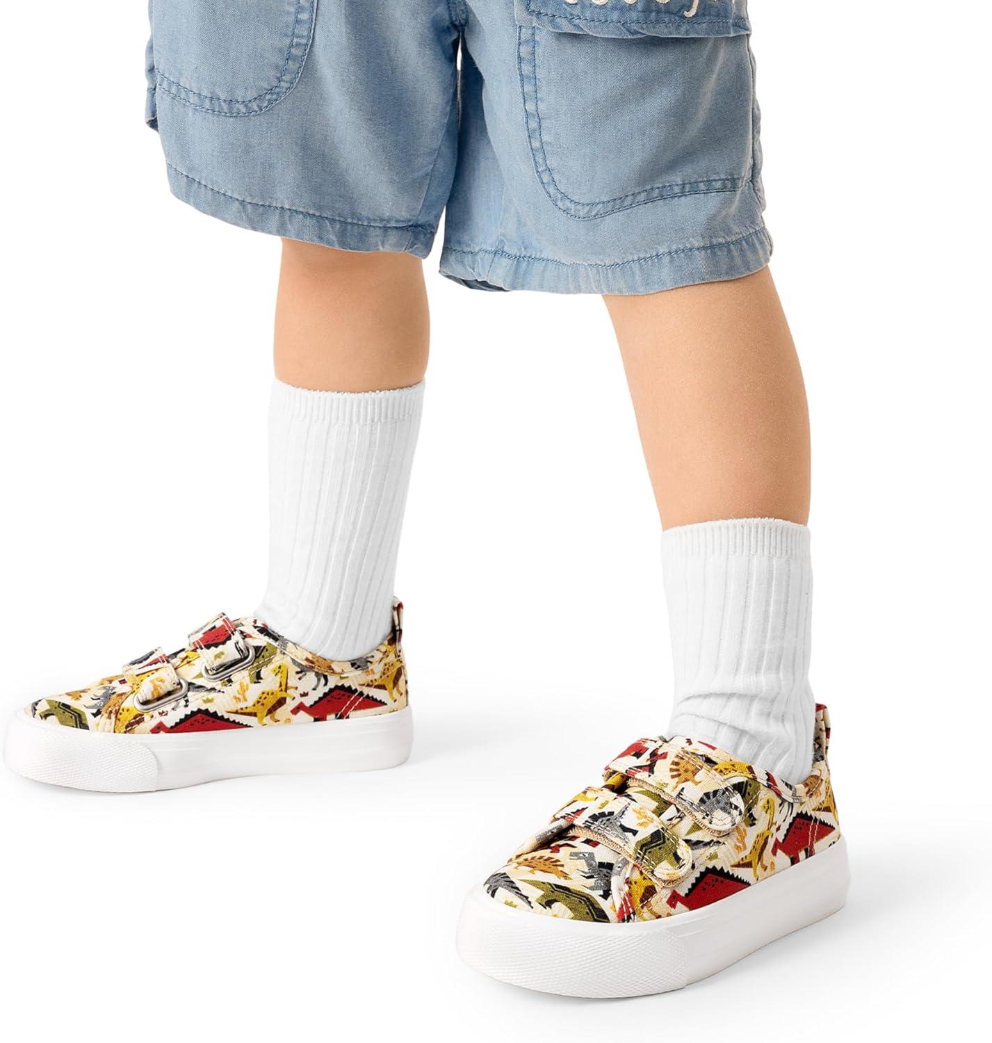 imageDREAM PAIRS Kid Toddler Sneakers Boys Girls Canvas with Cartoon Dual Hook and Loops for School WalkingBrownDinosaur