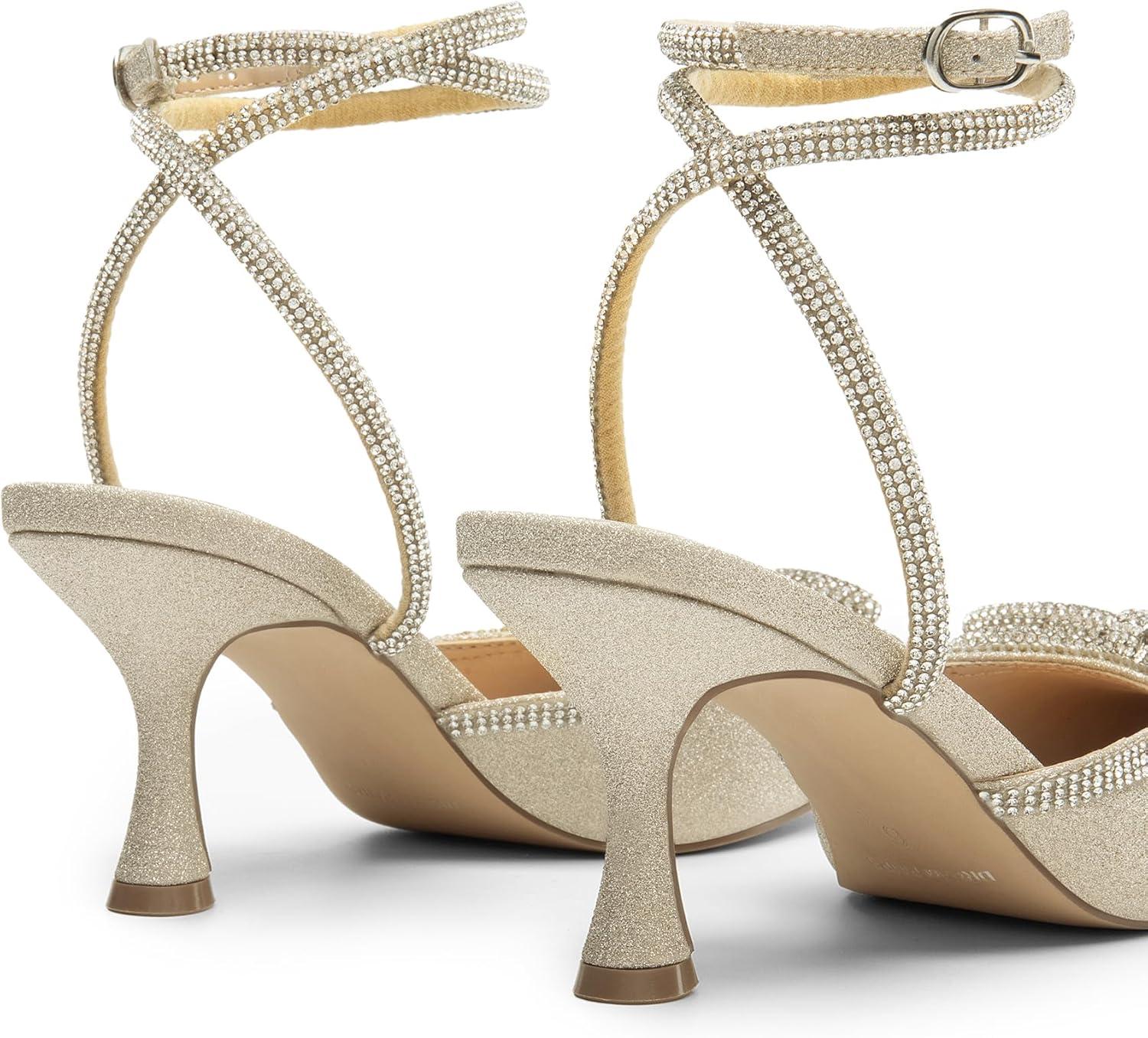 imageDREAM PAIRS Kitten Heels Rhinestone Bow Ankle Strap Stiletto Pointed Closed Toe Heels for Women Pumps Wedding Bridal Party Dress ShoesGold