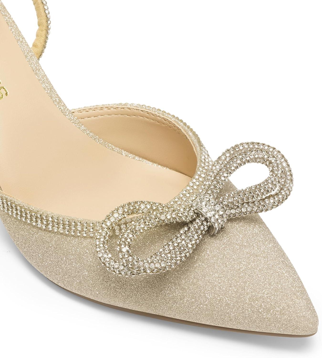 imageDREAM PAIRS Kitten Heels Rhinestone Bow Ankle Strap Stiletto Pointed Closed Toe Heels for Women Pumps Wedding Bridal Party Dress ShoesGold