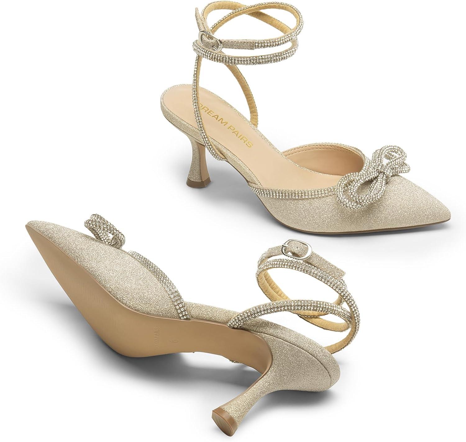 imageDREAM PAIRS Kitten Heels Rhinestone Bow Ankle Strap Stiletto Pointed Closed Toe Heels for Women Pumps Wedding Bridal Party Dress ShoesGold