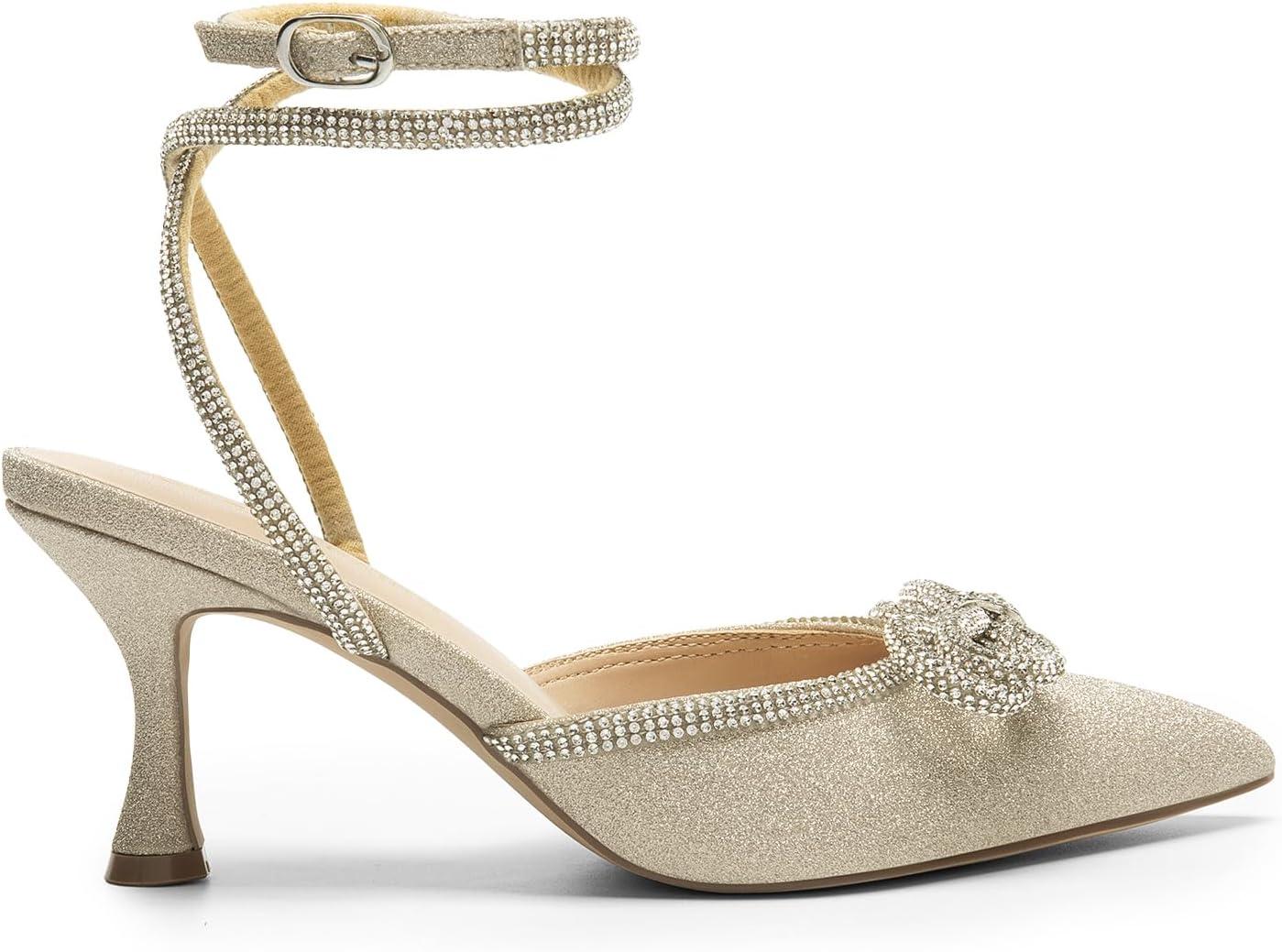 imageDREAM PAIRS Kitten Heels Rhinestone Bow Ankle Strap Stiletto Pointed Closed Toe Heels for Women Pumps Wedding Bridal Party Dress ShoesGold