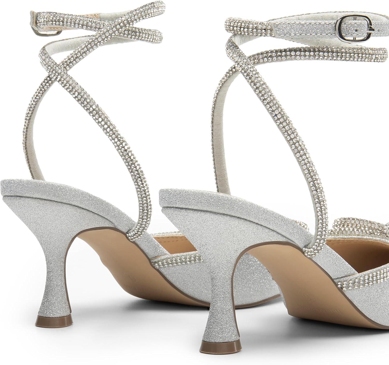 imageDREAM PAIRS Kitten Heels Rhinestone Bow Ankle Strap Stiletto Pointed Closed Toe Heels for Women Pumps Wedding Bridal Party Dress ShoesSilver