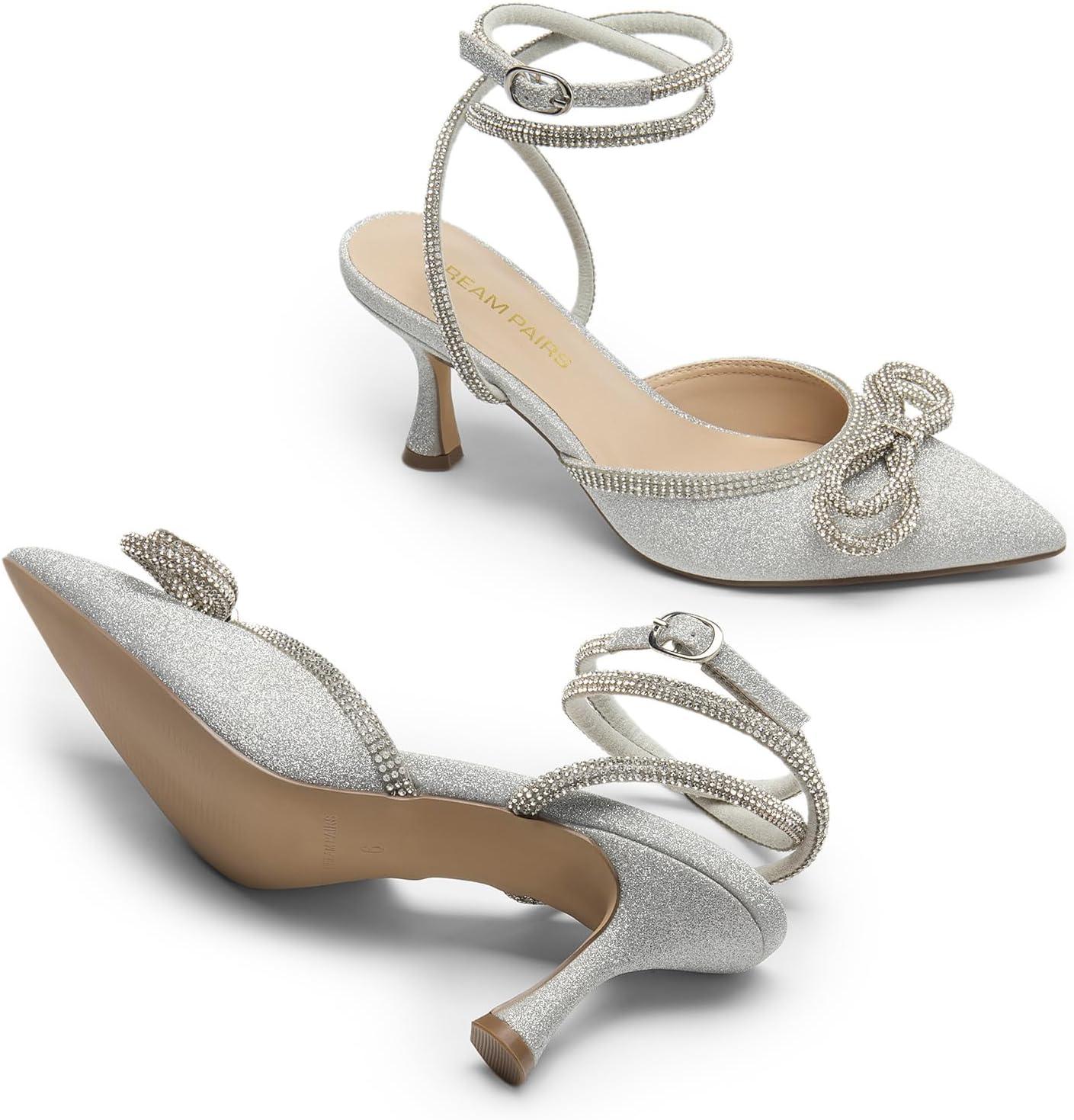 imageDREAM PAIRS Kitten Heels Rhinestone Bow Ankle Strap Stiletto Pointed Closed Toe Heels for Women Pumps Wedding Bridal Party Dress ShoesSilver