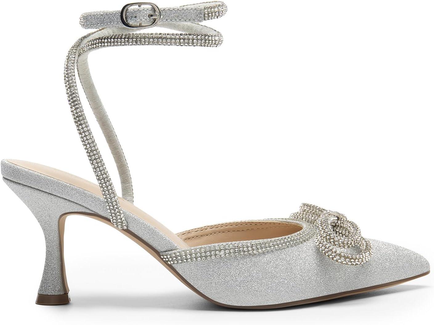 imageDREAM PAIRS Kitten Heels Rhinestone Bow Ankle Strap Stiletto Pointed Closed Toe Heels for Women Pumps Wedding Bridal Party Dress ShoesSilver