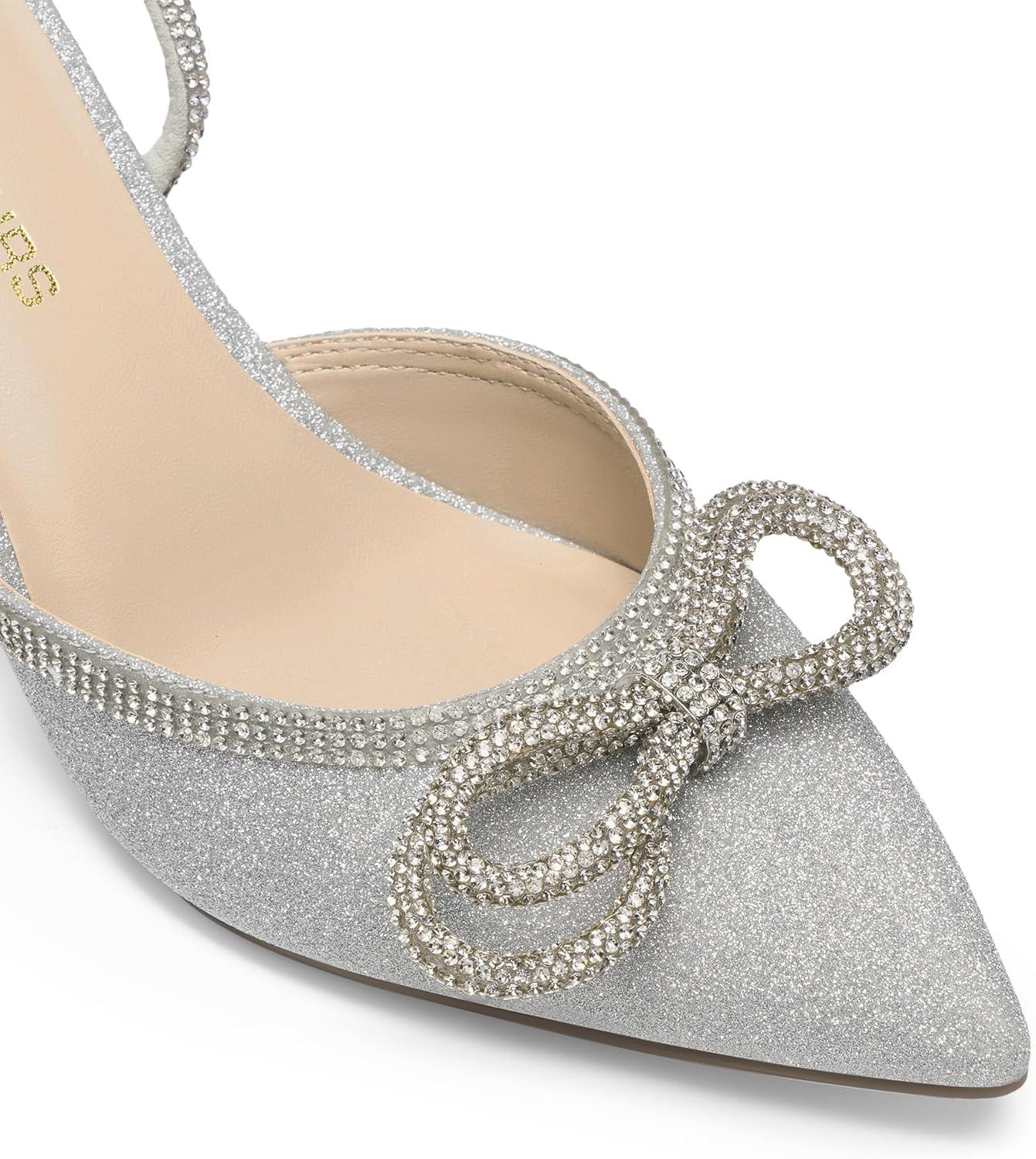 imageDREAM PAIRS Kitten Heels Rhinestone Bow Ankle Strap Stiletto Pointed Closed Toe Heels for Women Pumps Wedding Bridal Party Dress ShoesSilver