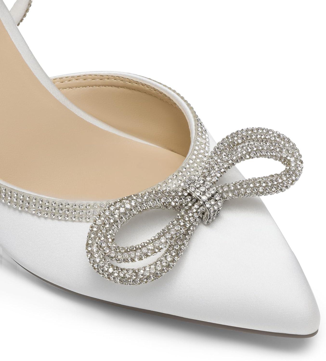imageDREAM PAIRS Kitten Heels Rhinestone Bow Ankle Strap Stiletto Pointed Closed Toe Heels for Women Pumps Wedding Bridal Party Dress ShoesWhite