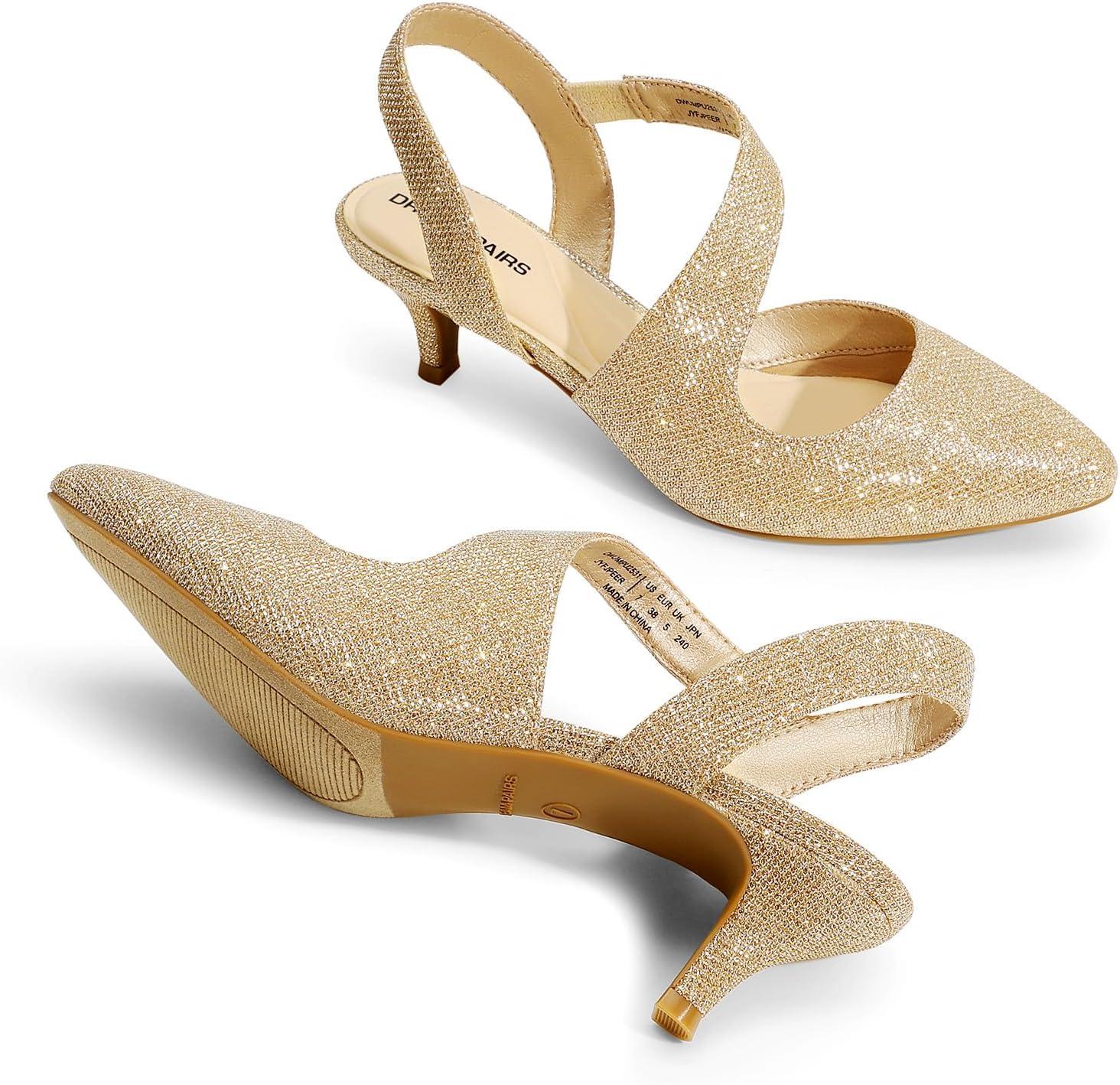 imageDREAM PAIRS Kitten Heels for Women Closed Toe Pointed Toe Low Heel Strappy Pumps Party Dance Wedding Dress Shoes for WomenGold