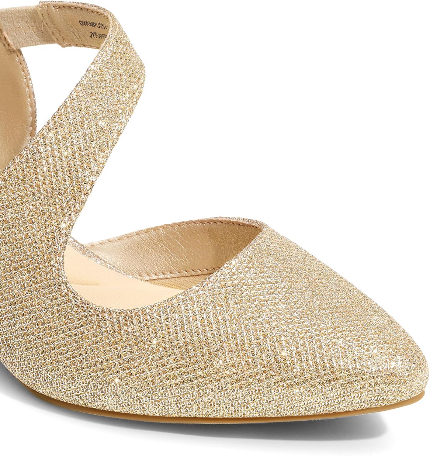 imageDREAM PAIRS Kitten Heels for Women Closed Toe Pointed Toe Low Heel Strappy Pumps Party Dance Wedding Dress Shoes for WomenGold