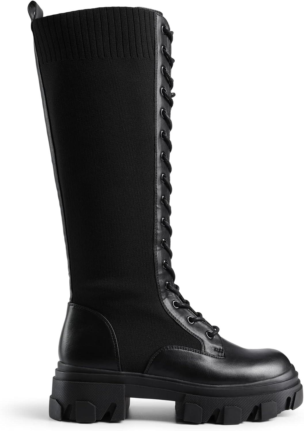 imageDREAM PAIRS Knee High Boots Women Fashion Combat Boots Chunky Platform Lace Up Lug Sole Boots For WomenBlackKnitting