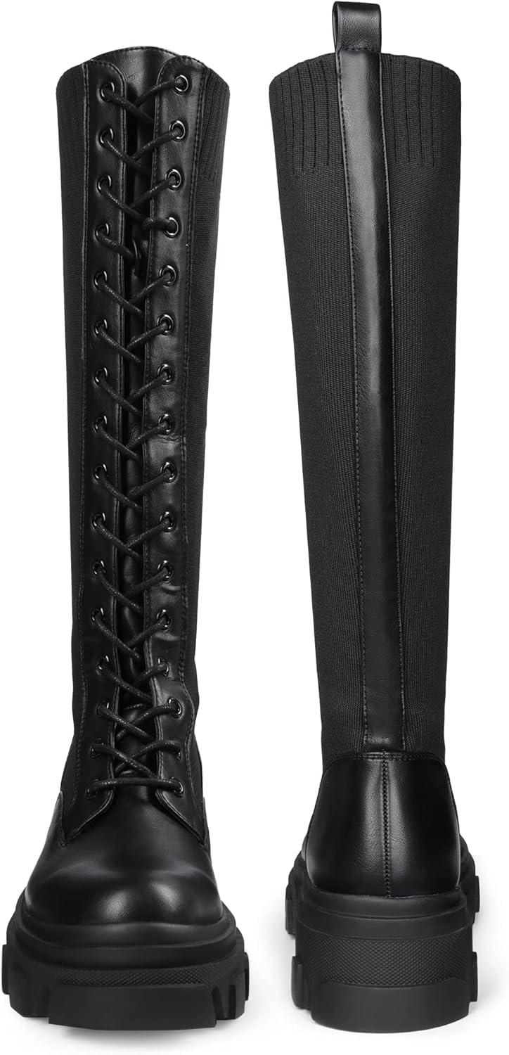imageDREAM PAIRS Knee High Boots Women Fashion Combat Boots Chunky Platform Lace Up Lug Sole Boots For WomenBlackKnitting