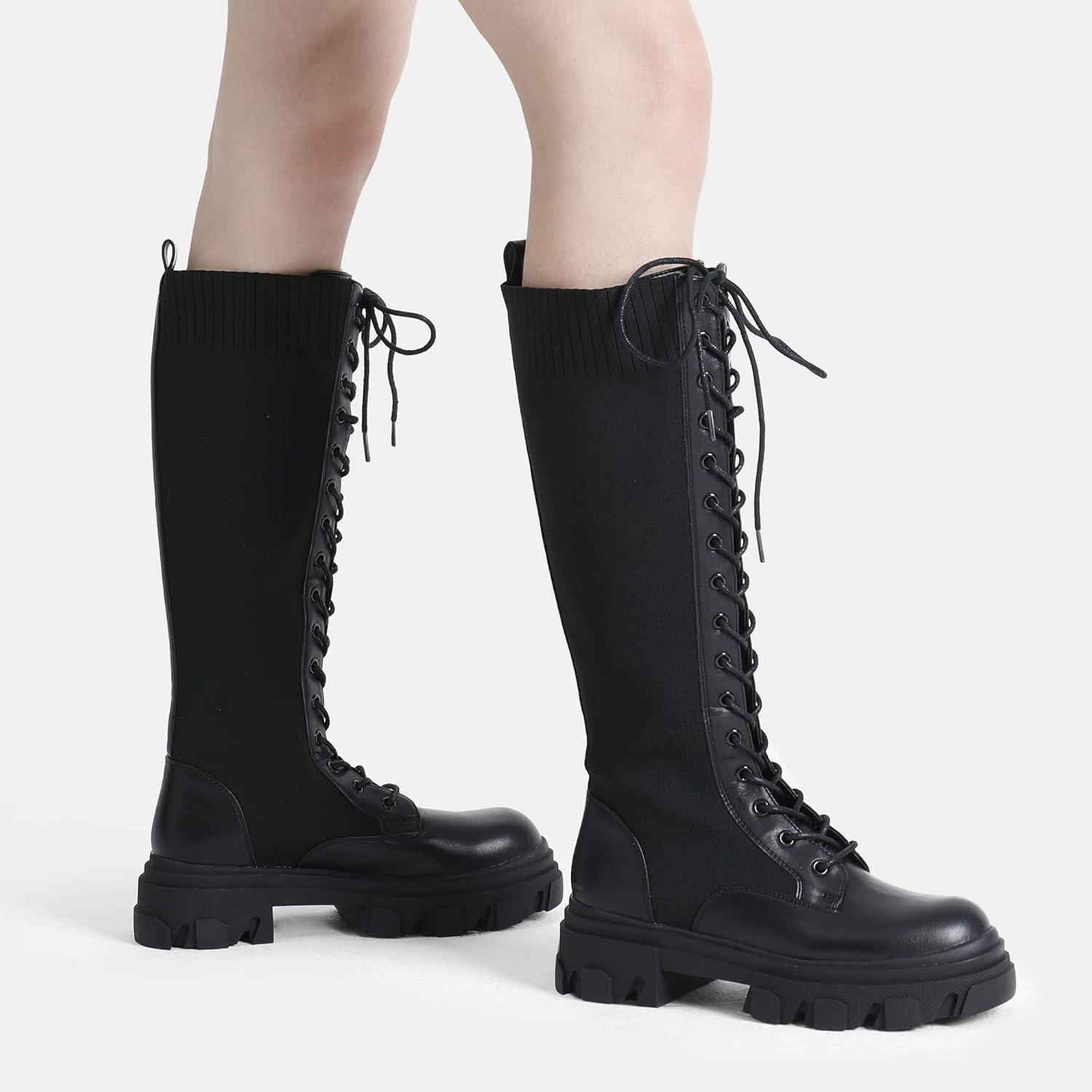 imageDREAM PAIRS Knee High Boots Women Fashion Combat Boots Chunky Platform Lace Up Lug Sole Boots For WomenBlackKnitting