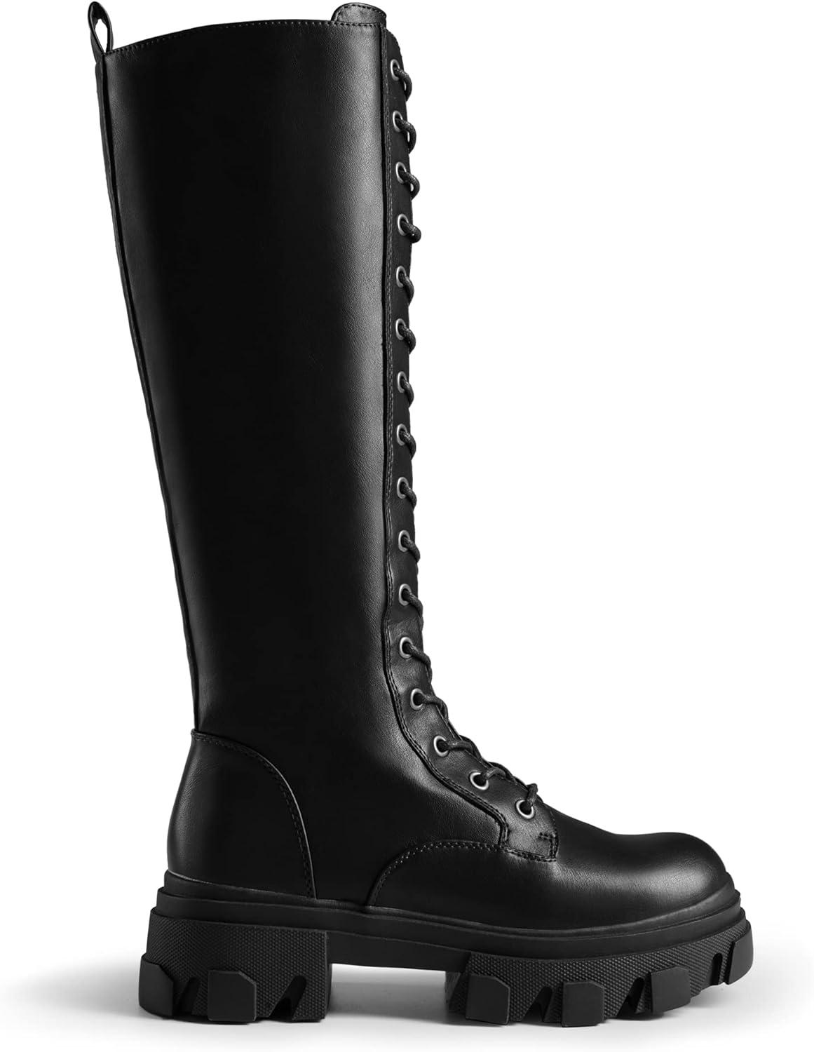 imageDREAM PAIRS Knee High Boots Women Fashion Combat Boots Chunky Platform Lace Up Lug Sole Boots For WomenBlackPu