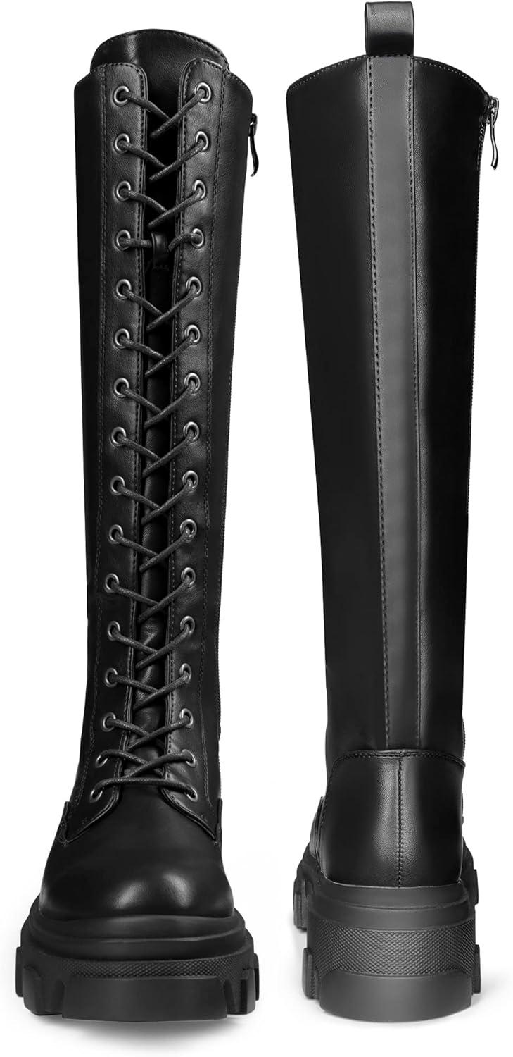 imageDREAM PAIRS Knee High Boots Women Fashion Combat Boots Chunky Platform Lace Up Lug Sole Boots For WomenBlackPu