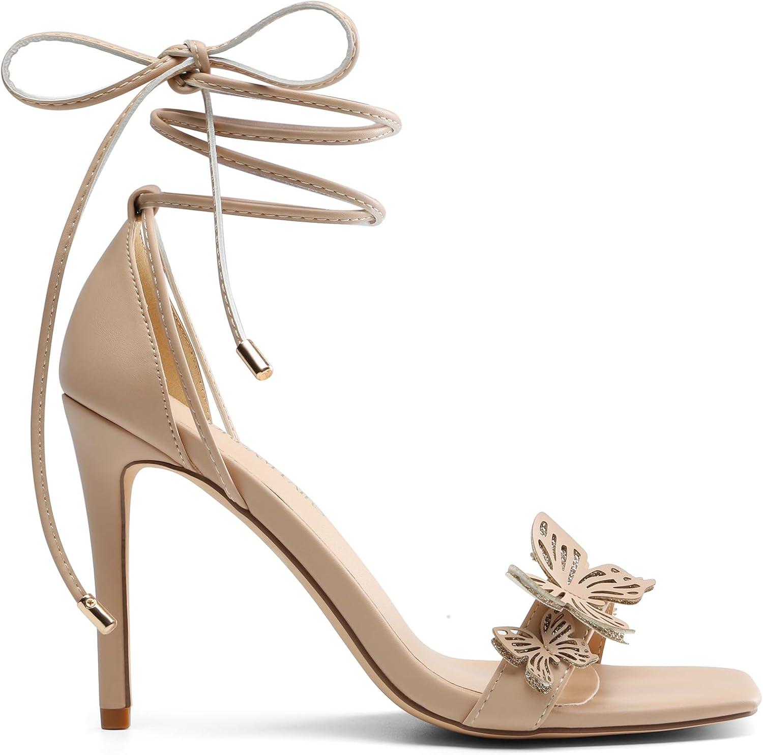 imageDREAM PAIRS Lace Up High Shoes Stilletos Sandals for Women Strappy Gladiator Open Square Toe Fashion Dressy Sandals Wedding Bridal Pumps Sandals ShoesNudepu