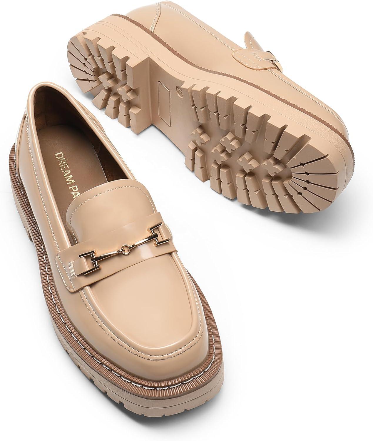 imageDREAM PAIRS Loafers for Women Platform Chunky Heel Slip On Loafers Business Office Casual Dressy Loafer ShoesNude