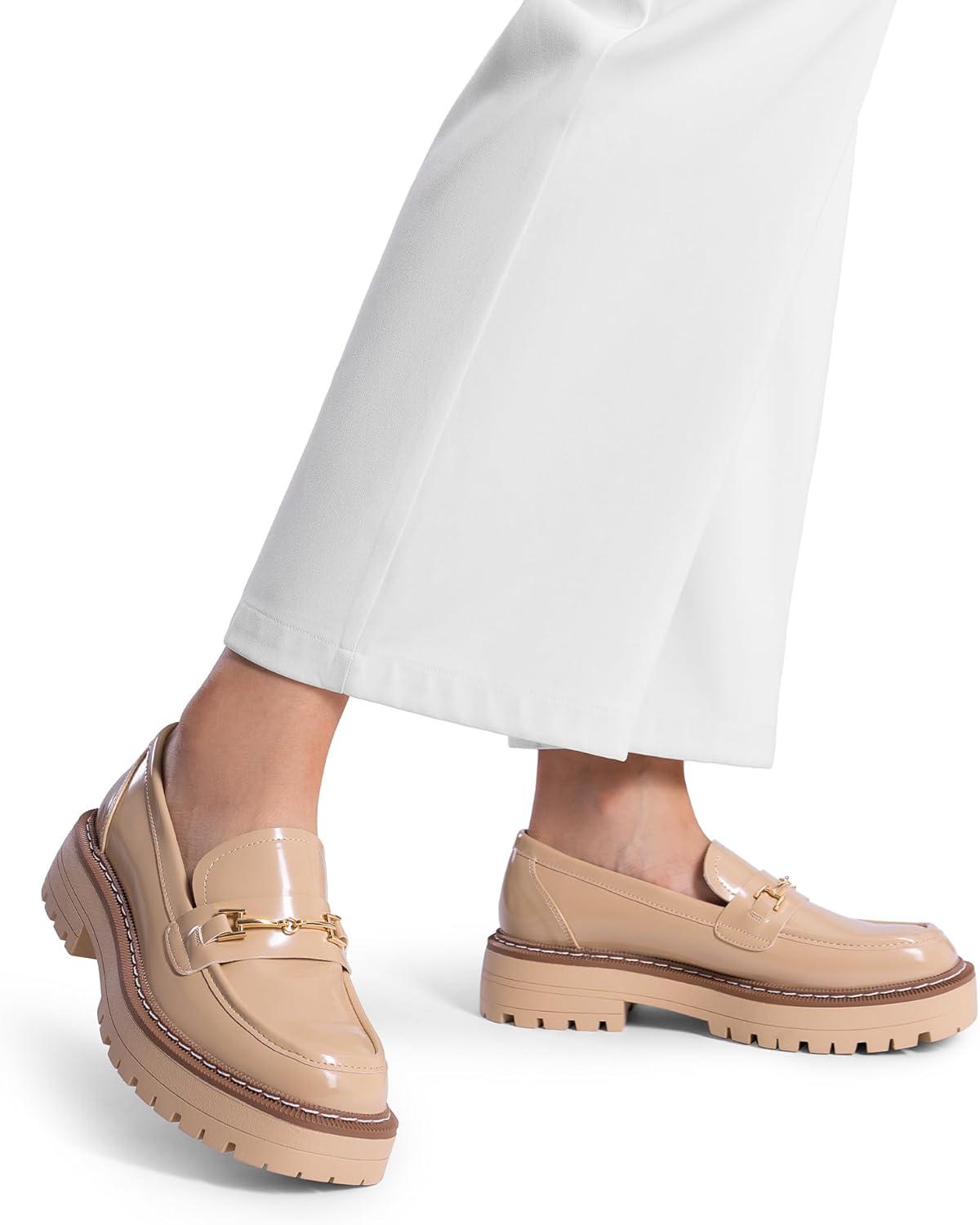 imageDREAM PAIRS Loafers for Women Platform Chunky Heel Slip On Loafers Business Office Casual Dressy Loafer ShoesNude