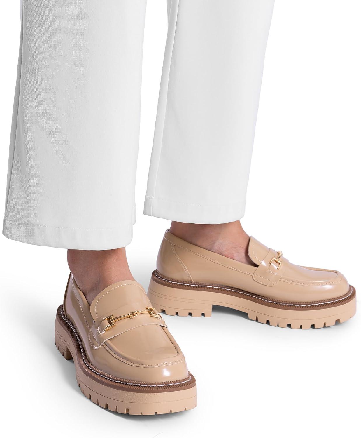 imageDREAM PAIRS Loafers for Women Platform Chunky Heel Slip On Loafers Business Office Casual Dressy Loafer ShoesNude